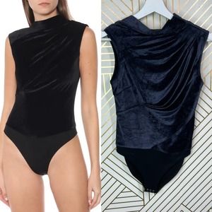 RTA Julie Draped Velvet Bodysuit in Navy - XS